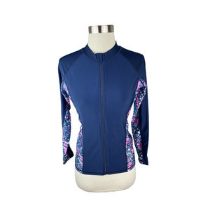 TSLA NEW S Navy Blue Pink Print Full Zip UPF 50+ Long Sleeve Rash Guard